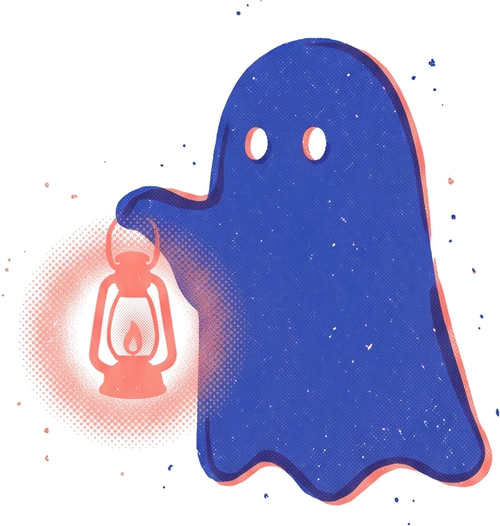 Een blauw spookje met een brandende koraalkleurige lantaarn